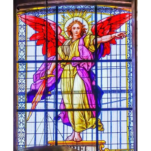 Colorful Archangel Uriel Stained glass Cathedral Puebla-Mexico Built in 15 to 1600s